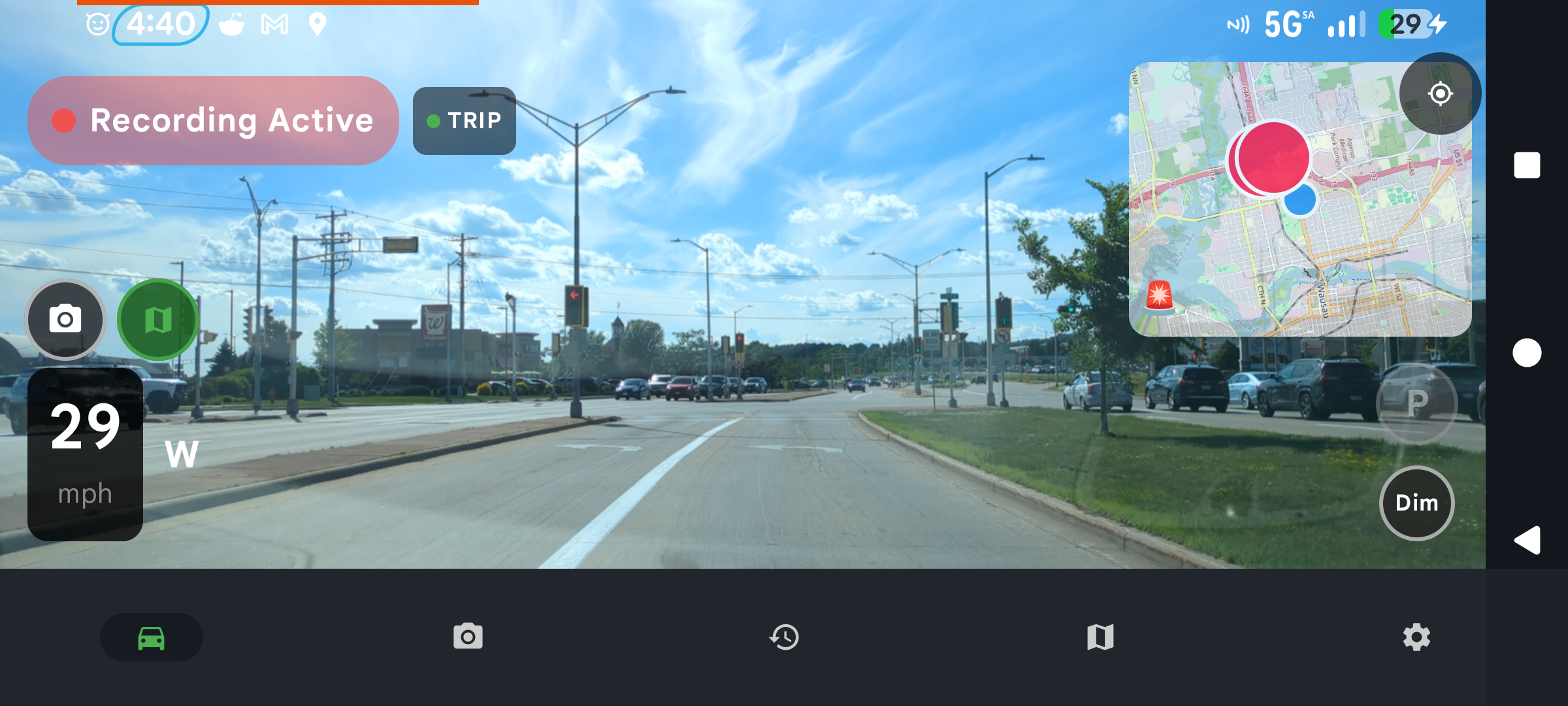 DriveSight app running on phone mounted on car windshield showing dashcam recording at 25 mph