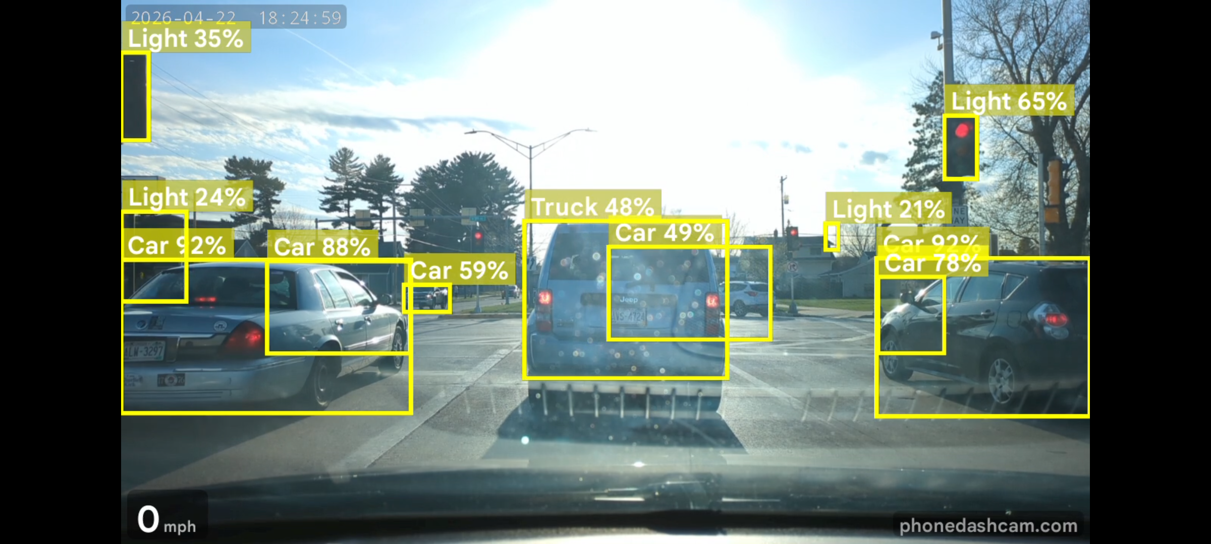 Phone Dashcam AI object detection showing cars, truck, and traffic lights with bounding boxes and confidence scores