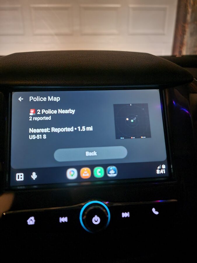 Phone Dashcam Police Map on Android Auto display showing 2 police nearby on US-51 S
