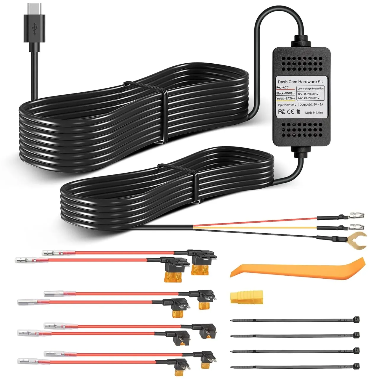 EWAY USB-C 3-lead fuse box hardwire kit for dashcam with low voltage protection and fuse tap adapters