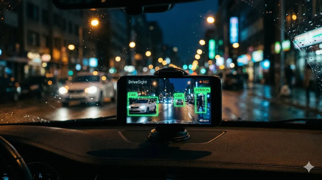 DriveSight app running on an Android phone mounted on a windshield as a dashcam
