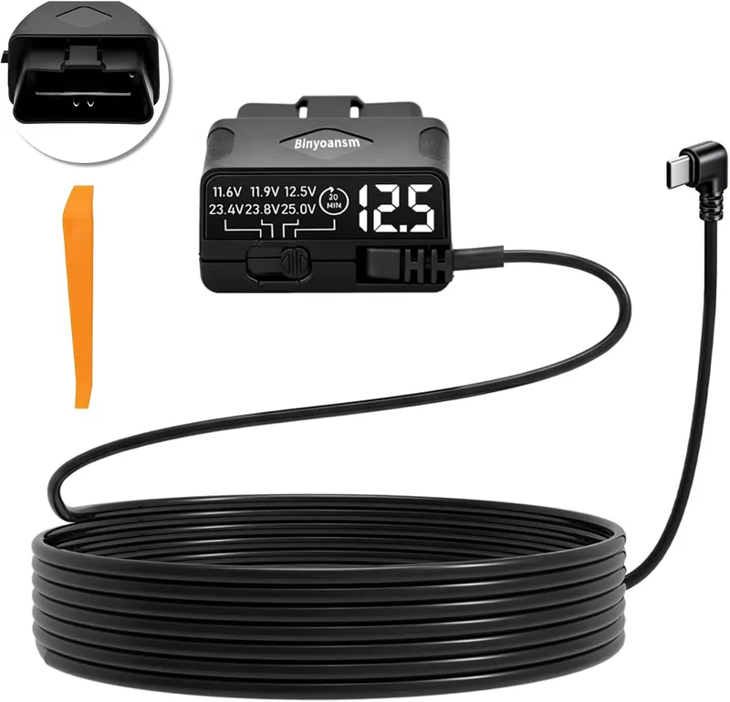 OBD dash cam power cable with USB-C, ACC detection, LED voltmeter and low voltage protection for parking mode