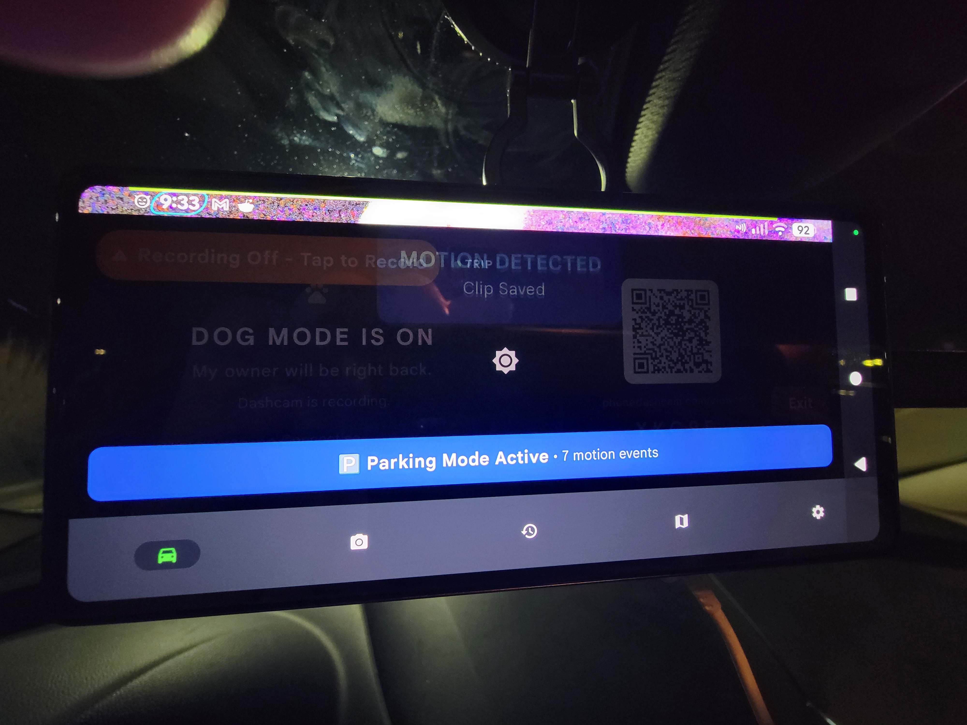Phone Dashcam Dog Mode — screen shows DOG MODE IS ON with Parking Mode Active and 7 motion events