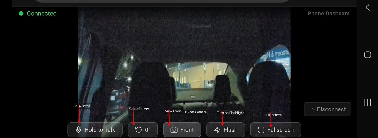 DriveSight remote viewer controls — Talk/Listen, Rotate Image, Front/Rear camera, Flashlight, Fullscreen