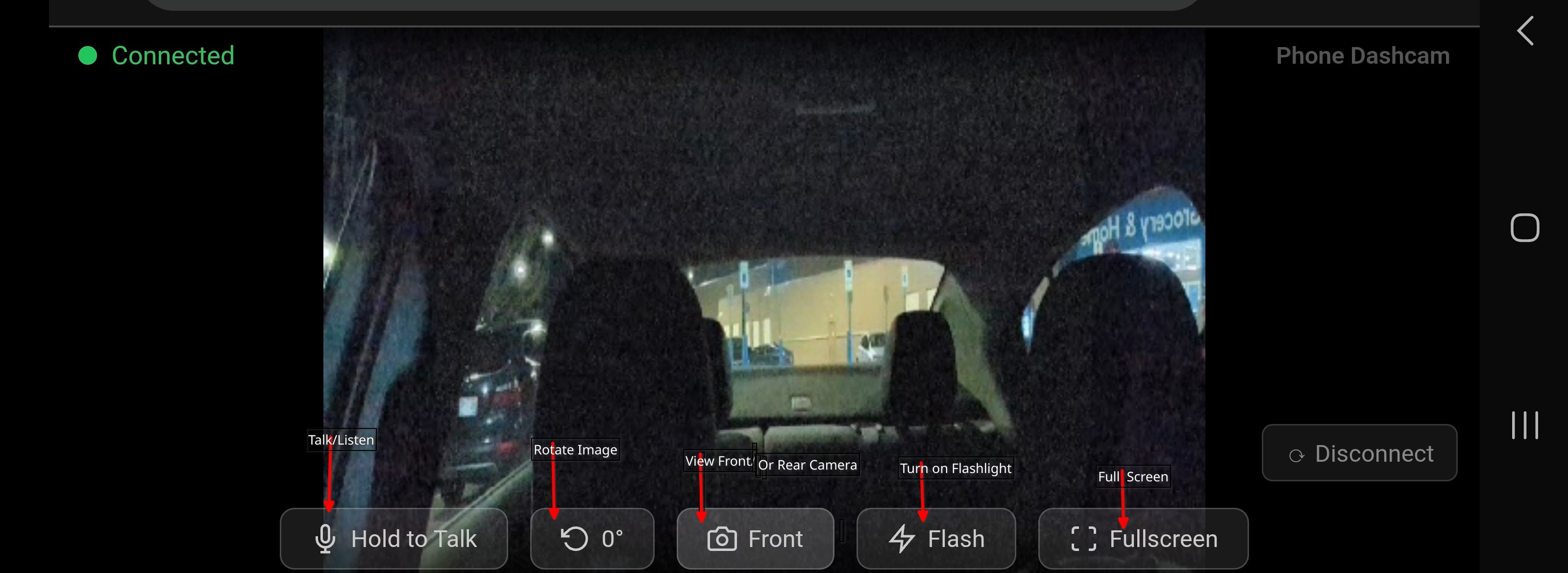 Phone Dashcam remote viewer controls — Talk/Listen, Rotate Image, Front/Rear camera, Flashlight, Fullscreen
