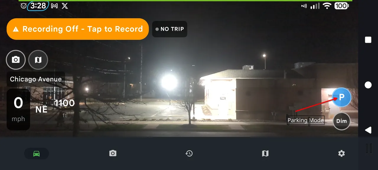 DriveSight parking mode button — tap P icon to enable parking mode
