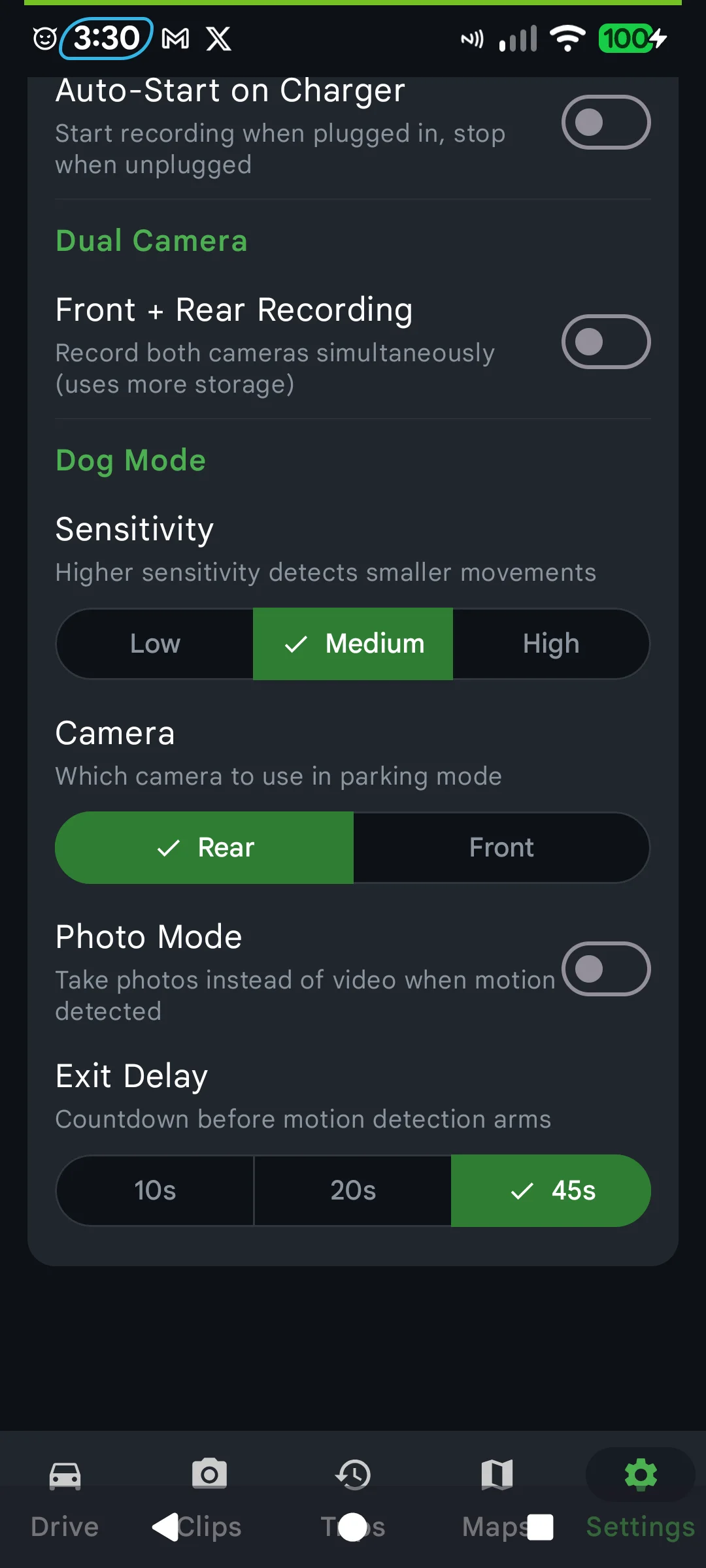 DriveSight Dog Mode settings — sensitivity, camera selection, photo mode, and exit delay