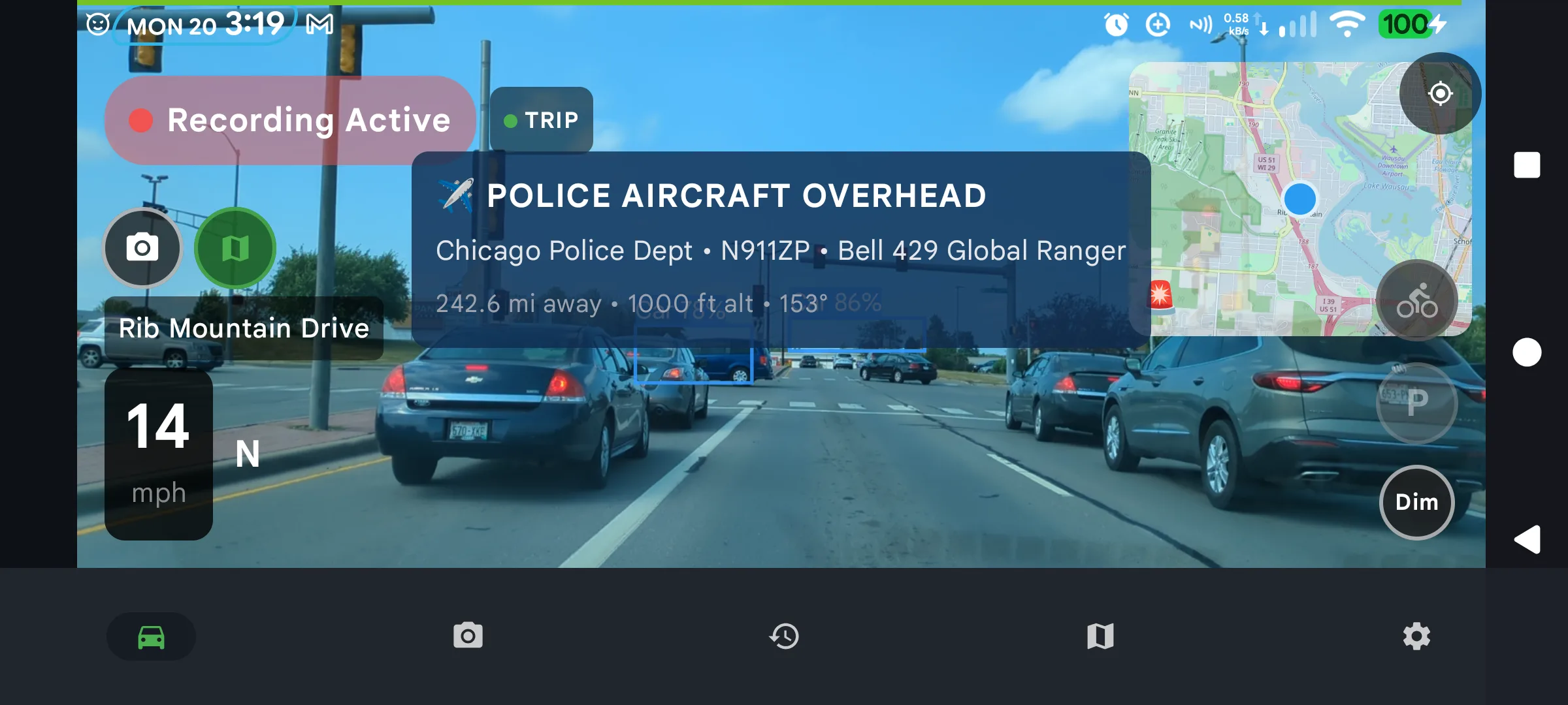 DriveSight police aircraft tracker alert showing Chicago Police Dept Bell 429 Global Ranger helicopter N911ZP detected while driving