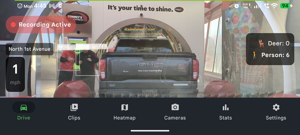 Phone Dashcam AI detection showing YOLOv8 bounding boxes on vehicles