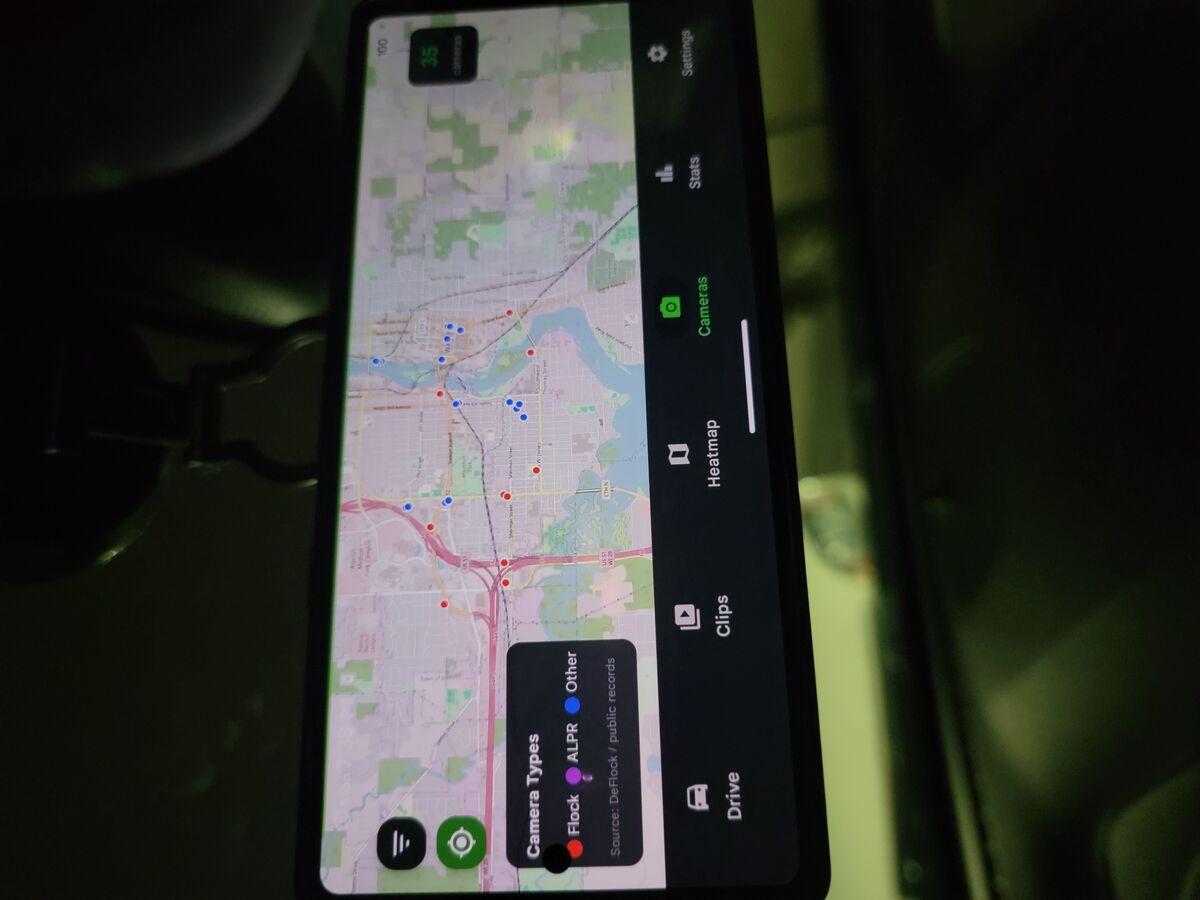 Phone Dashcam Camera and Flock map showing 336000+ ALPR camera locations