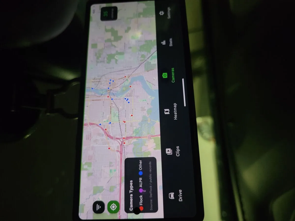 Phone Dashcam Camera and Flock map showing 336000+ ALPR camera locations