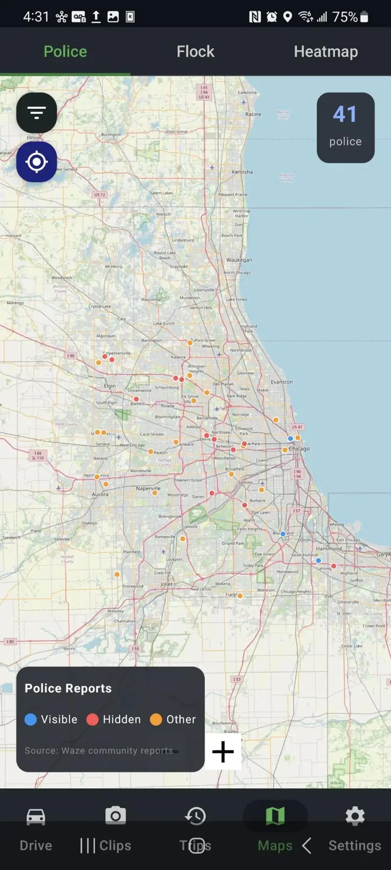 DriveSight Police Reports map showing 41 police reports across Chicago area