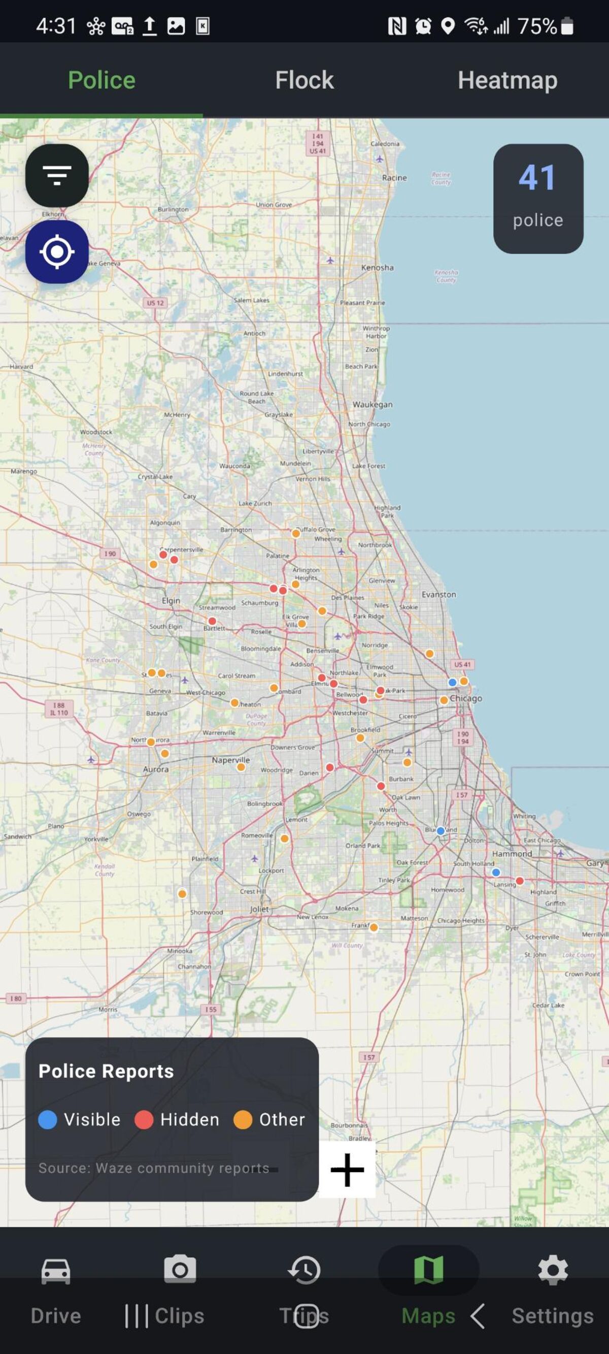Phone Dashcam Police Reports map showing 41 police reports across Chicago area