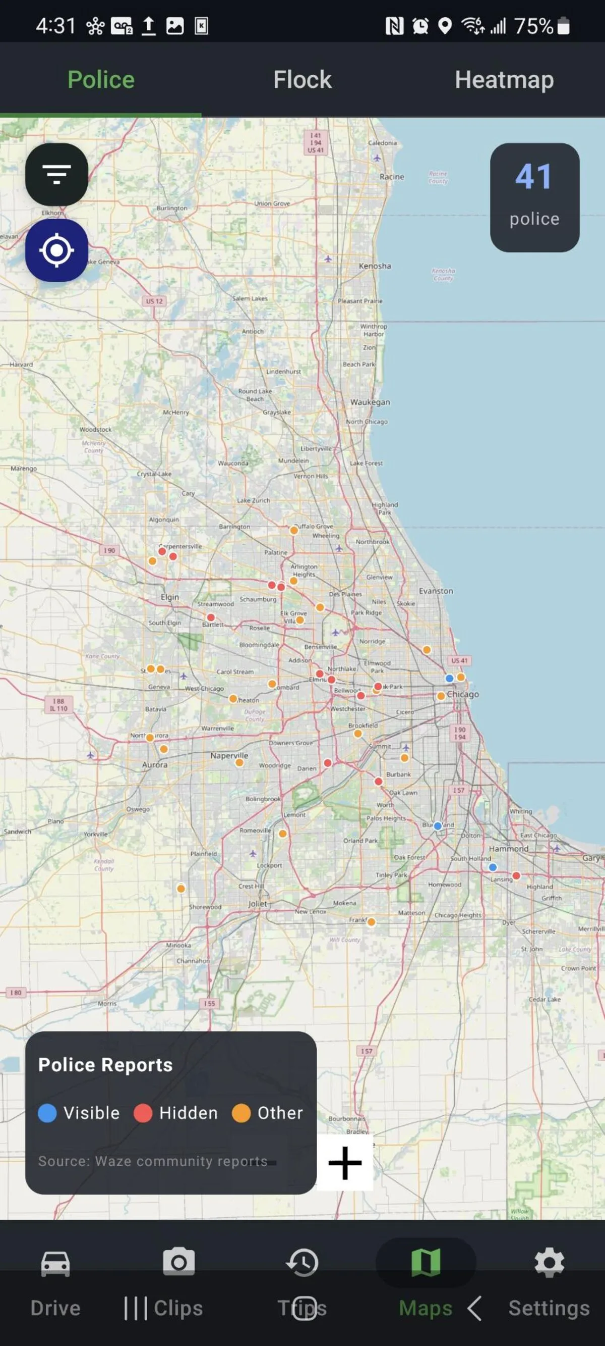 Phone Dashcam Police Reports map showing 41 police reports across Chicago area