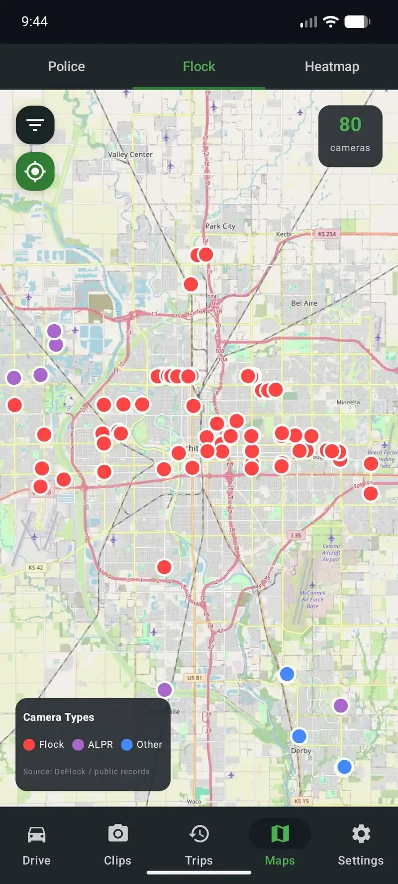 DriveSight Flock camera map showing 80 Flock and ALPR cameras with red and purple markers