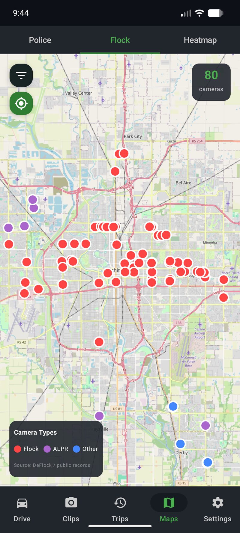 Phone Dashcam Flock camera map showing 80 Flock and ALPR cameras with red and purple markers