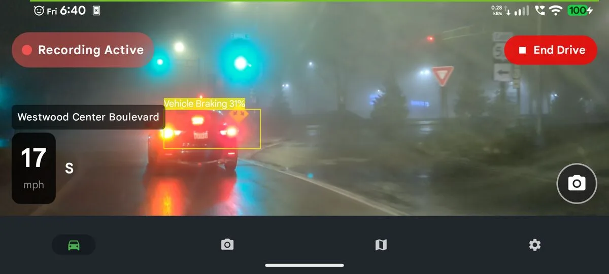 Phone Dashcam recording at night in foggy conditions with Vehicle Braking AI detection on Westwood Center Boulevard at 17 mph
