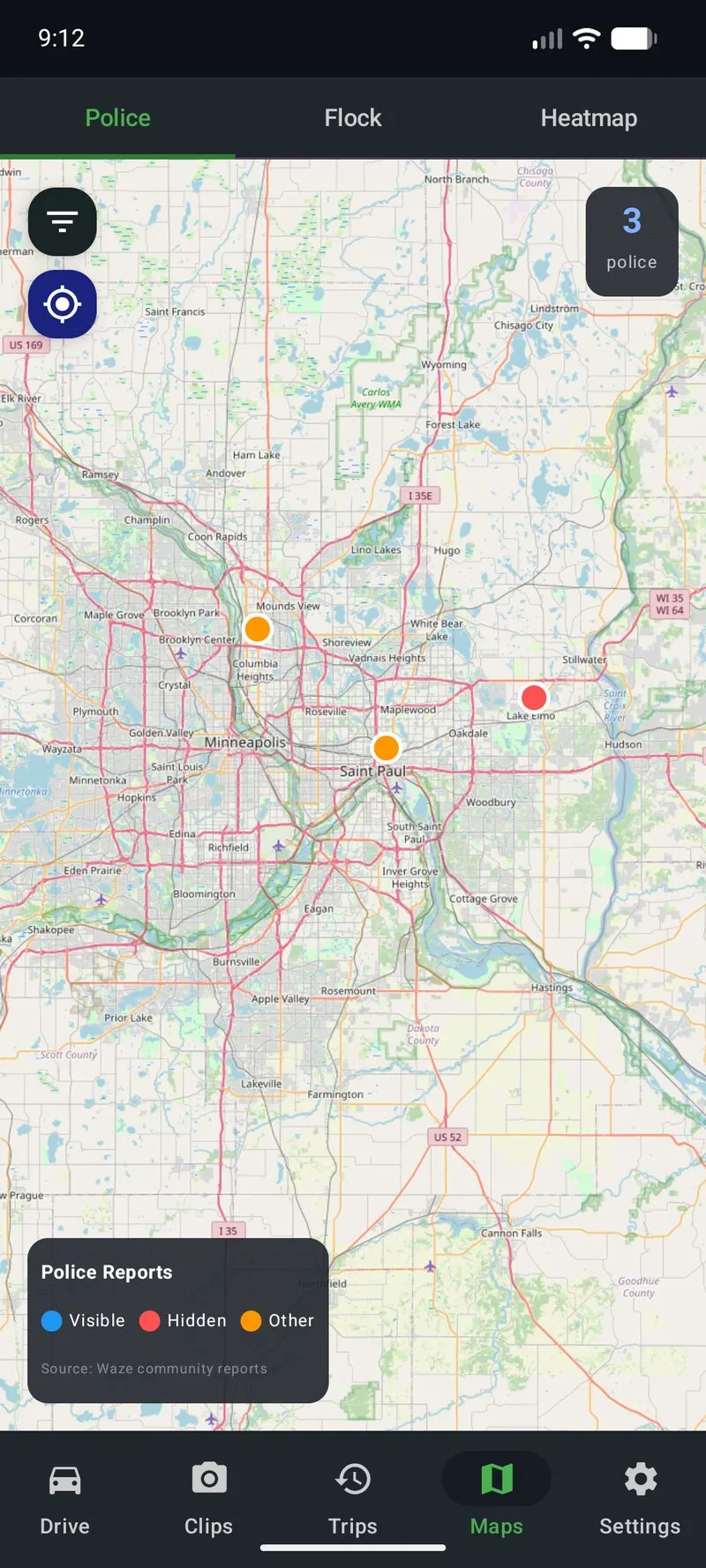 Phone Dashcam Police tab showing 3 police reports with Visible Hidden and Other markers on Minneapolis area map