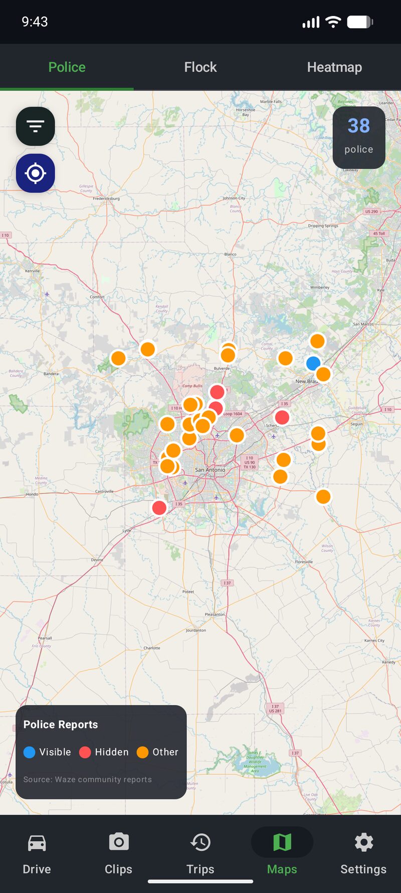 Phone Dashcam Police map showing 38 police reports with visible hidden and other markers in Minneapolis area