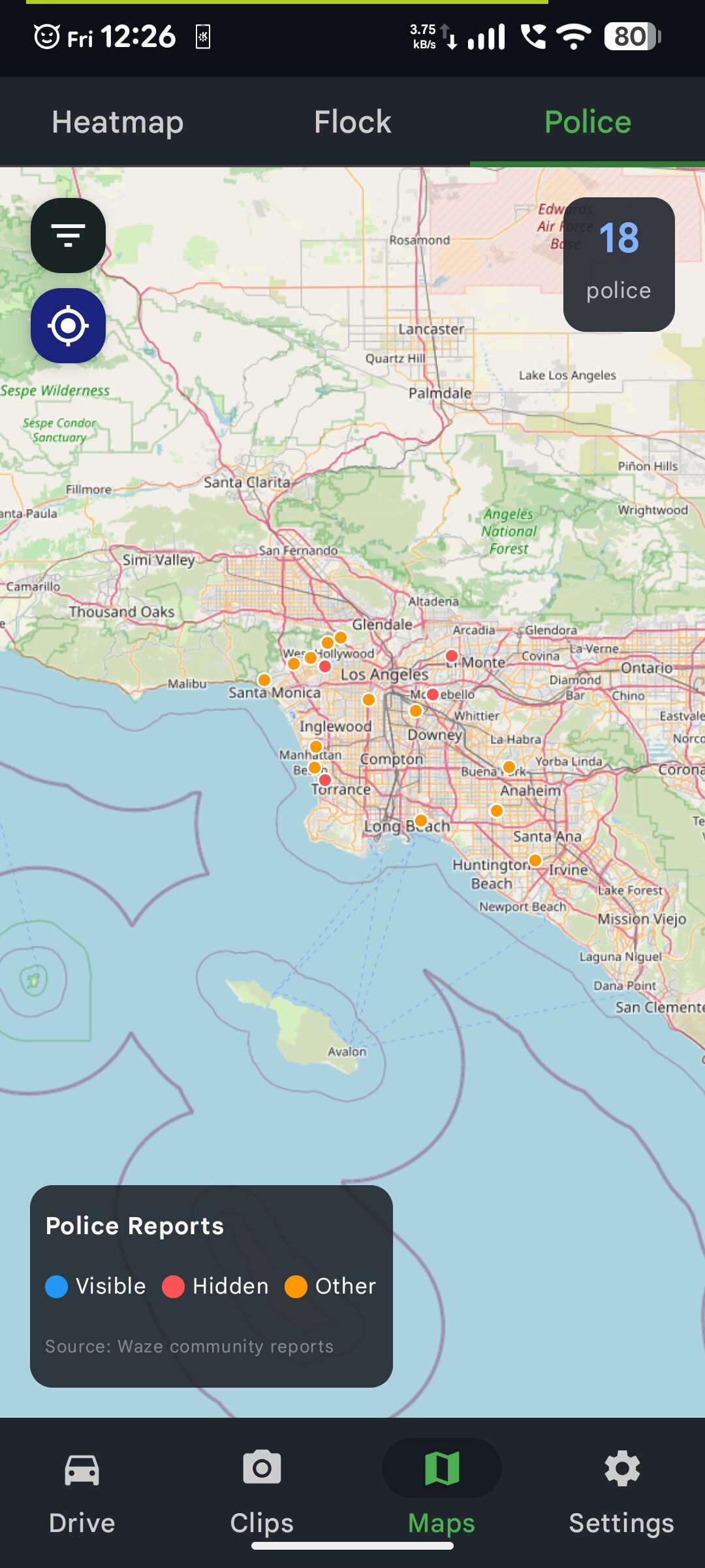 Phone Dashcam showing police camera alert locations on a map while driving