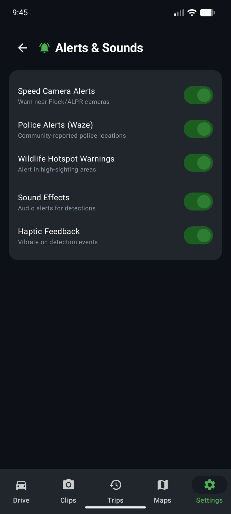 Phone Dashcam Alerts and Sounds settings showing Speed Camera, Police Waze, Wildlife Hotspot, Sound Effects and Haptic toggles