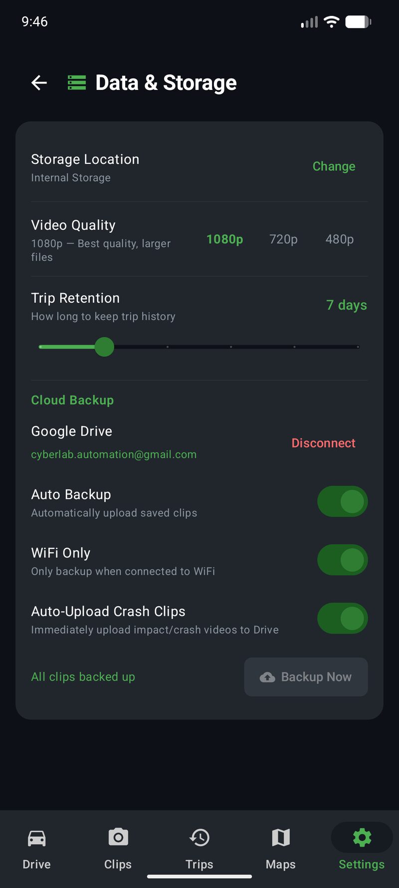 Phone Dashcam Data and Storage settings showing 1080p quality, 7 day retention, Google Drive backup connected, WiFi Only upload