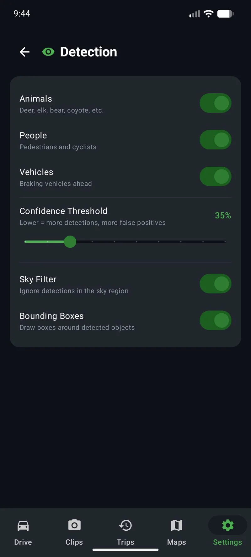 Phone Dashcam Detection settings with Animals, People, Vehicles toggles and 35 percent confidence threshold slider