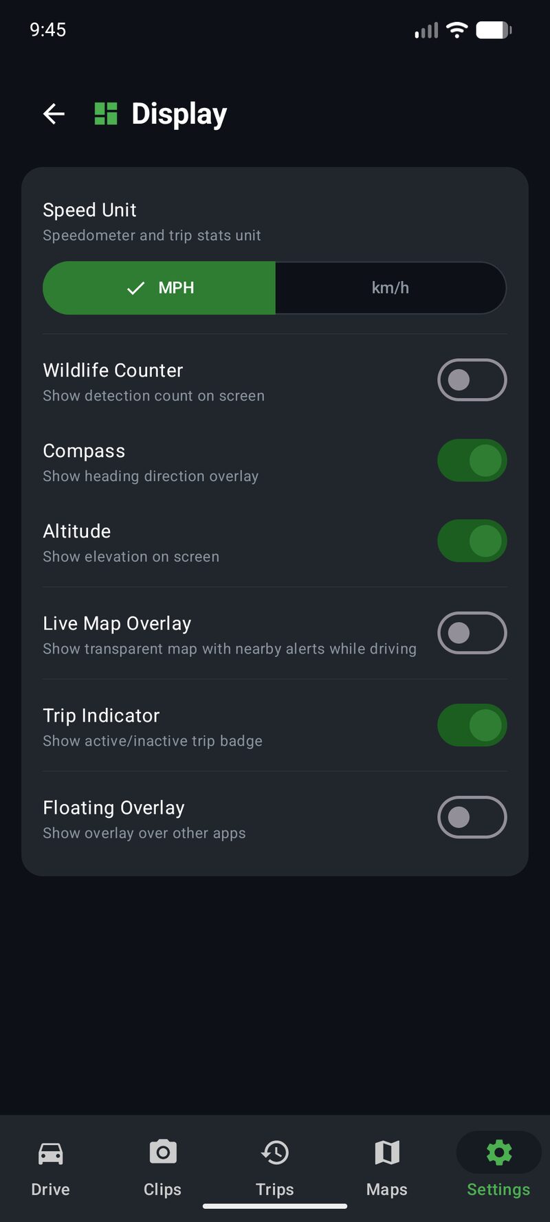 Phone Dashcam Display settings with MPH km/h toggle, Wildlife Counter, Compass, Altitude, Live Map, Trip Indicator, Floating Overlay
