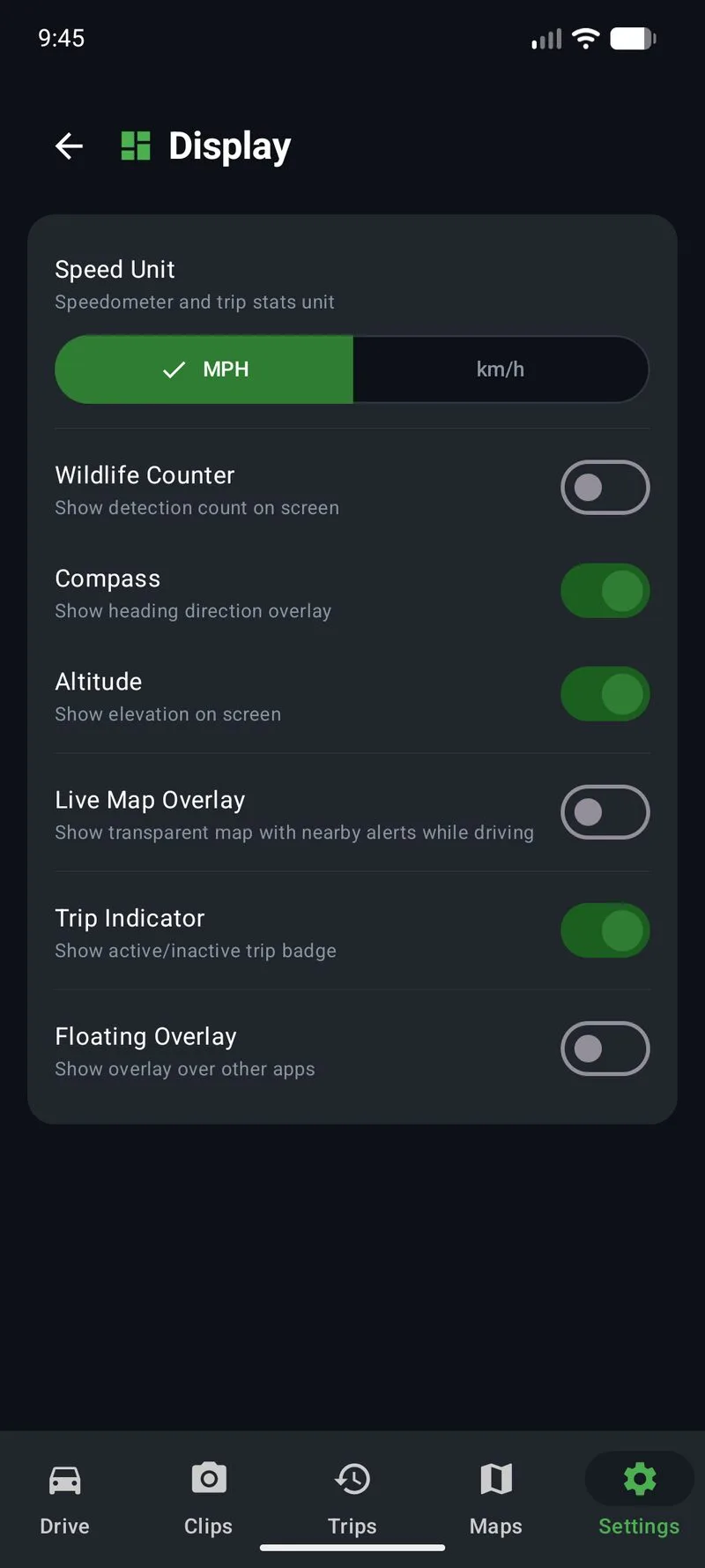 Phone Dashcam Display settings with MPH km/h toggle, Wildlife Counter, Compass, Altitude, Live Map, Trip Indicator, Floating Overlay