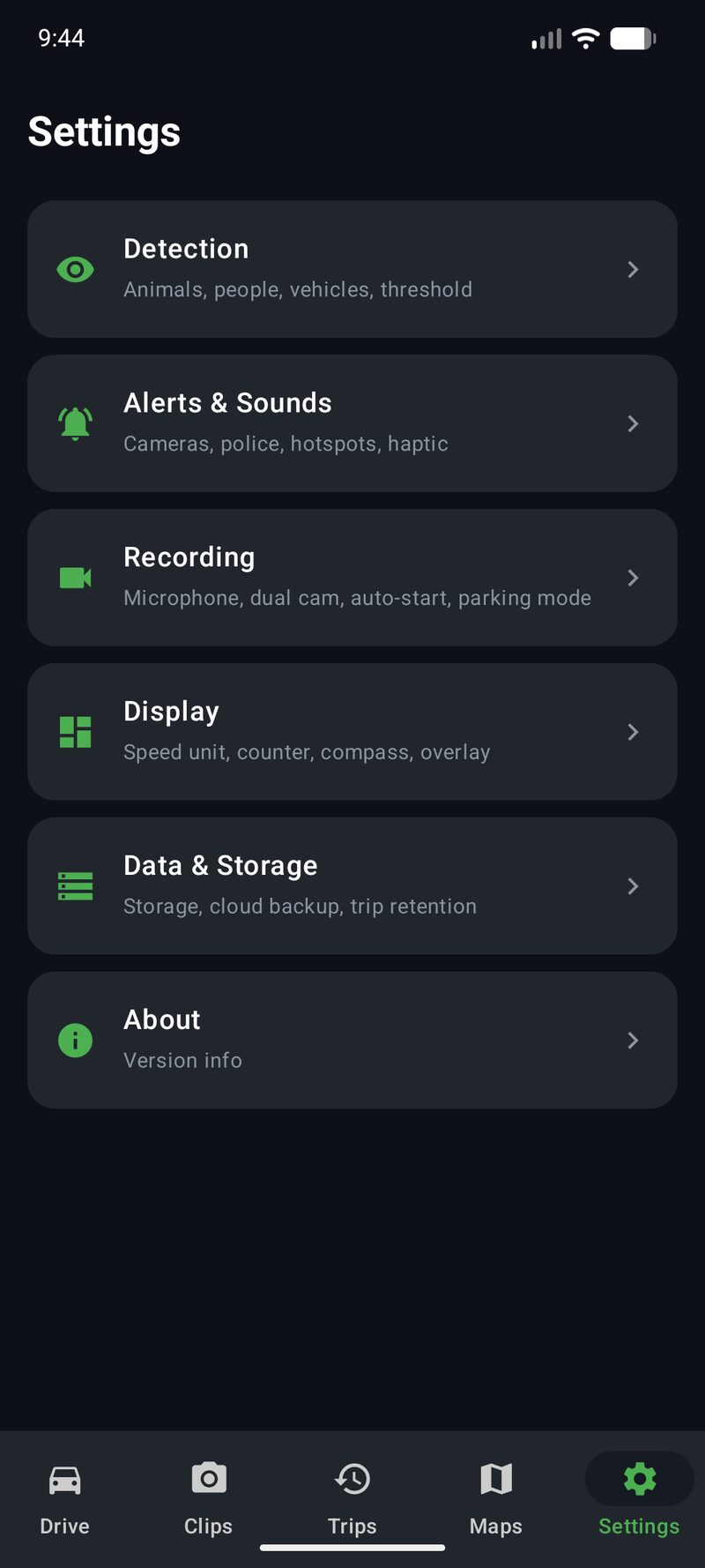 Phone Dashcam Settings menu showing Detection, Alerts and Sounds, Recording, Display, Data and Storage categories