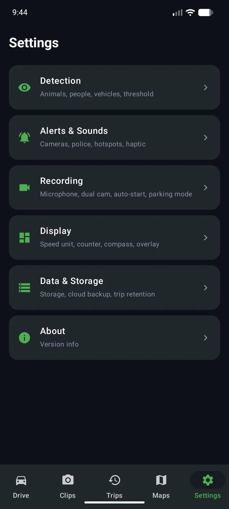 Phone Dashcam Settings menu showing Detection, Alerts and Sounds, Recording, Display, Data and Storage categories