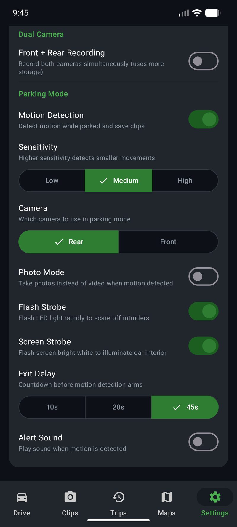 Phone Dashcam Parking Mode settings with motion detection sensitivity, camera selection, photo mode, flash strobe, exit delay