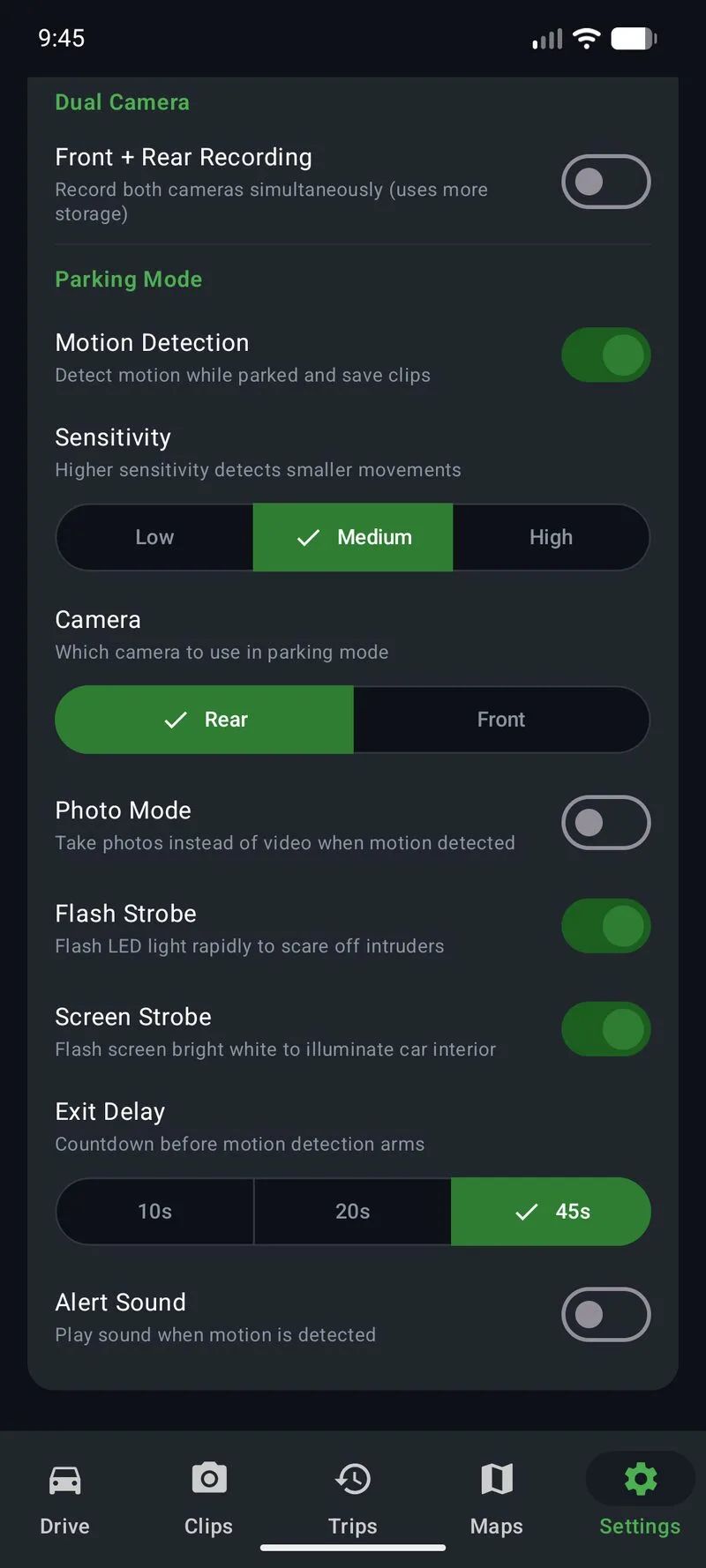 Phone Dashcam Parking Mode settings with motion detection sensitivity, camera selection, photo mode, flash strobe, exit delay