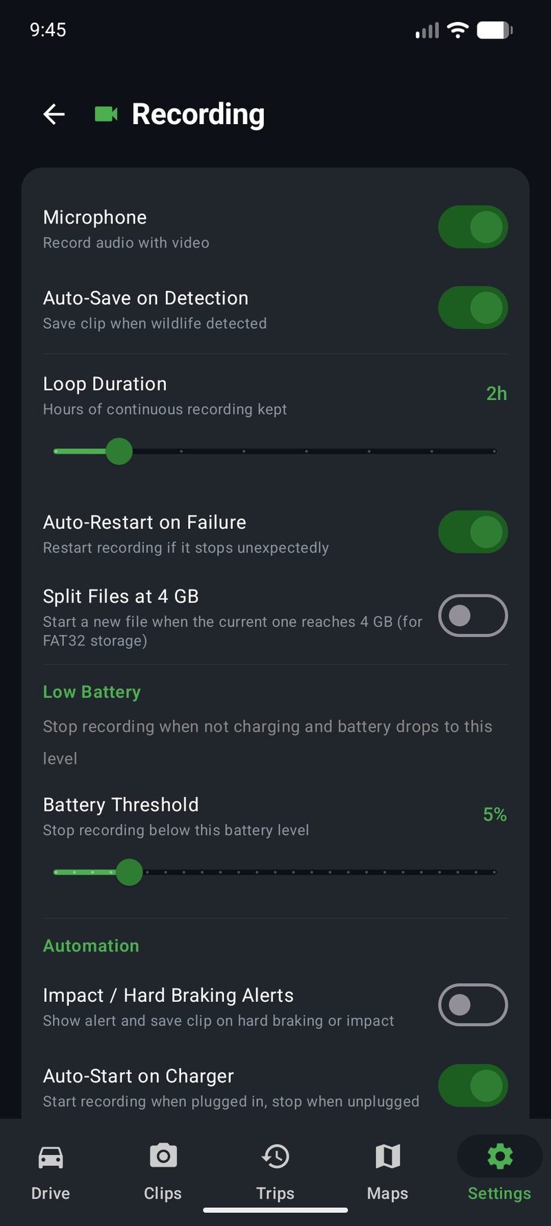 Phone Dashcam Recording settings showing Microphone, Auto-Save on Detection, Loop Duration, Auto-Restart, Split at 4GB, Battery Threshold
