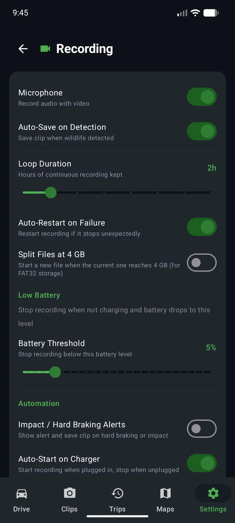 Phone Dashcam Recording settings showing Microphone, Auto-Save on Detection, Loop Duration, Auto-Restart, Split at 4GB, Battery Threshold
