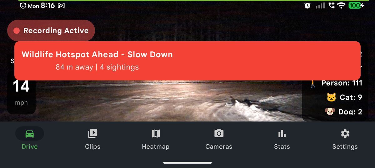 Phone Dashcam road hazard warning alert at night at 14 mph