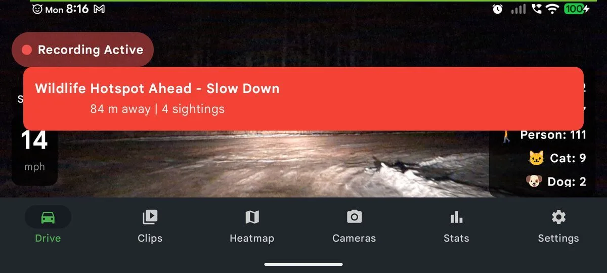 Phone Dashcam road hazard warning alert at night at 14 mph
