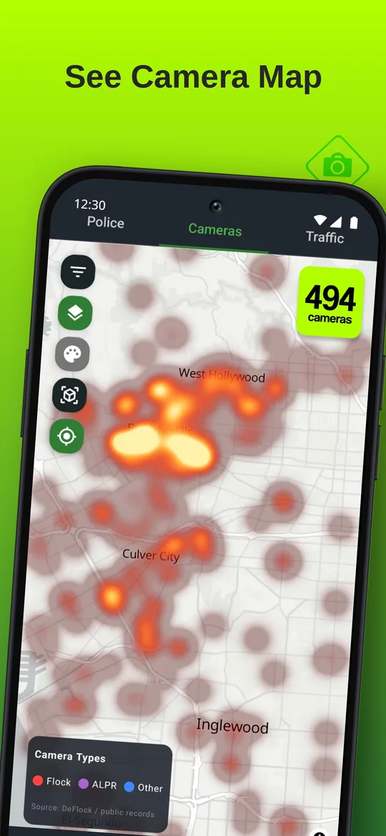 DriveSight camera map heat-mapping hundreds of speed cameras and Flock readers across a city