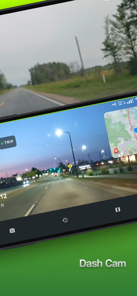 DriveSight dash cam view at night with trip overlay and live map