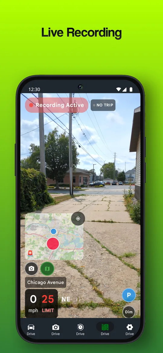 DriveSight recording screen with live map, street name, speed and speed limit