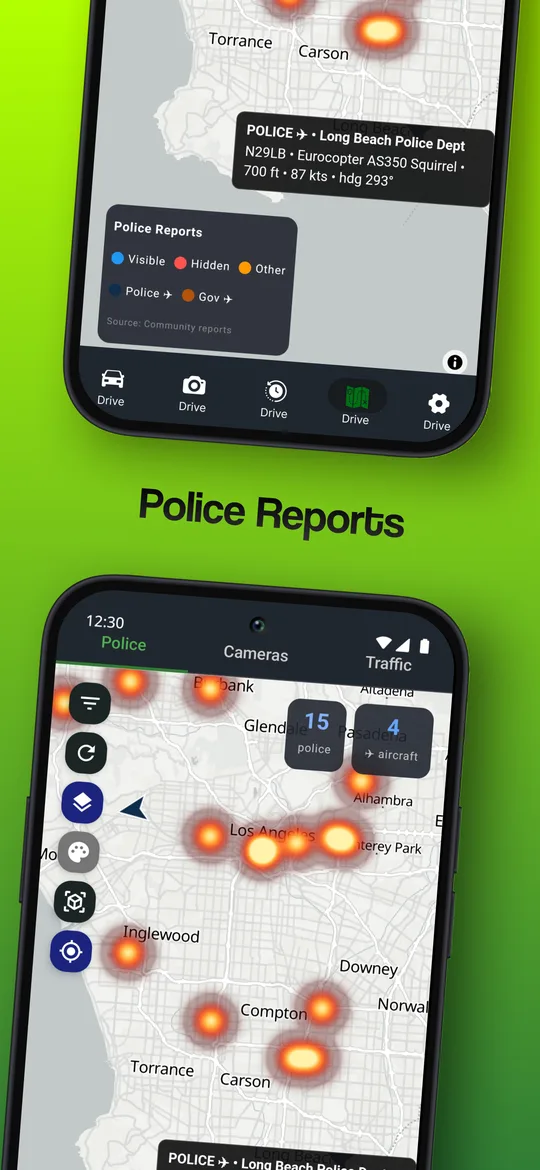 DriveSight police map tracking a police helicopter with tail number, altitude and heading