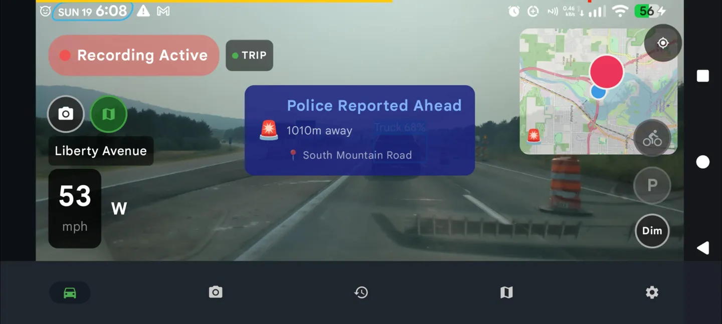 DriveSight drive screen at 53 mph with a Police Reported Ahead alert 1010 m away on South Mountain Road