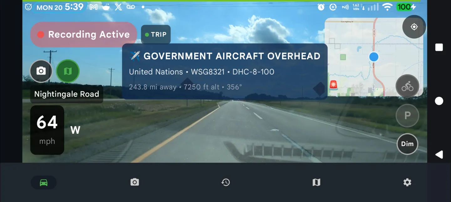 DriveSight drive screen showing a Government Aircraft Overhead alert for a United Nations DHC-8-100