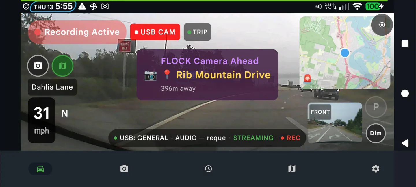 DriveSight drive screen with a Flock Camera Ahead alert 396 m away and a USB rear camera streaming