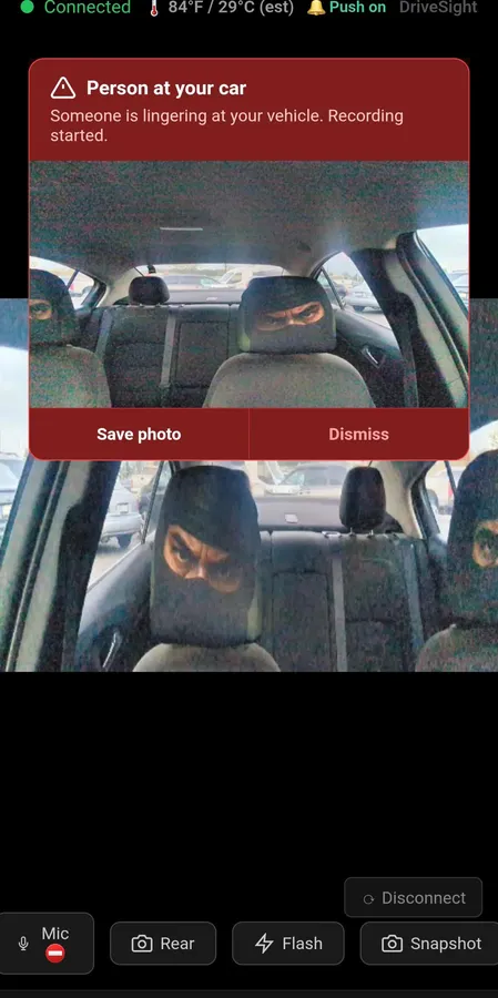DriveSight remote view alert: Person at your car, someone is lingering at your vehicle, recording started